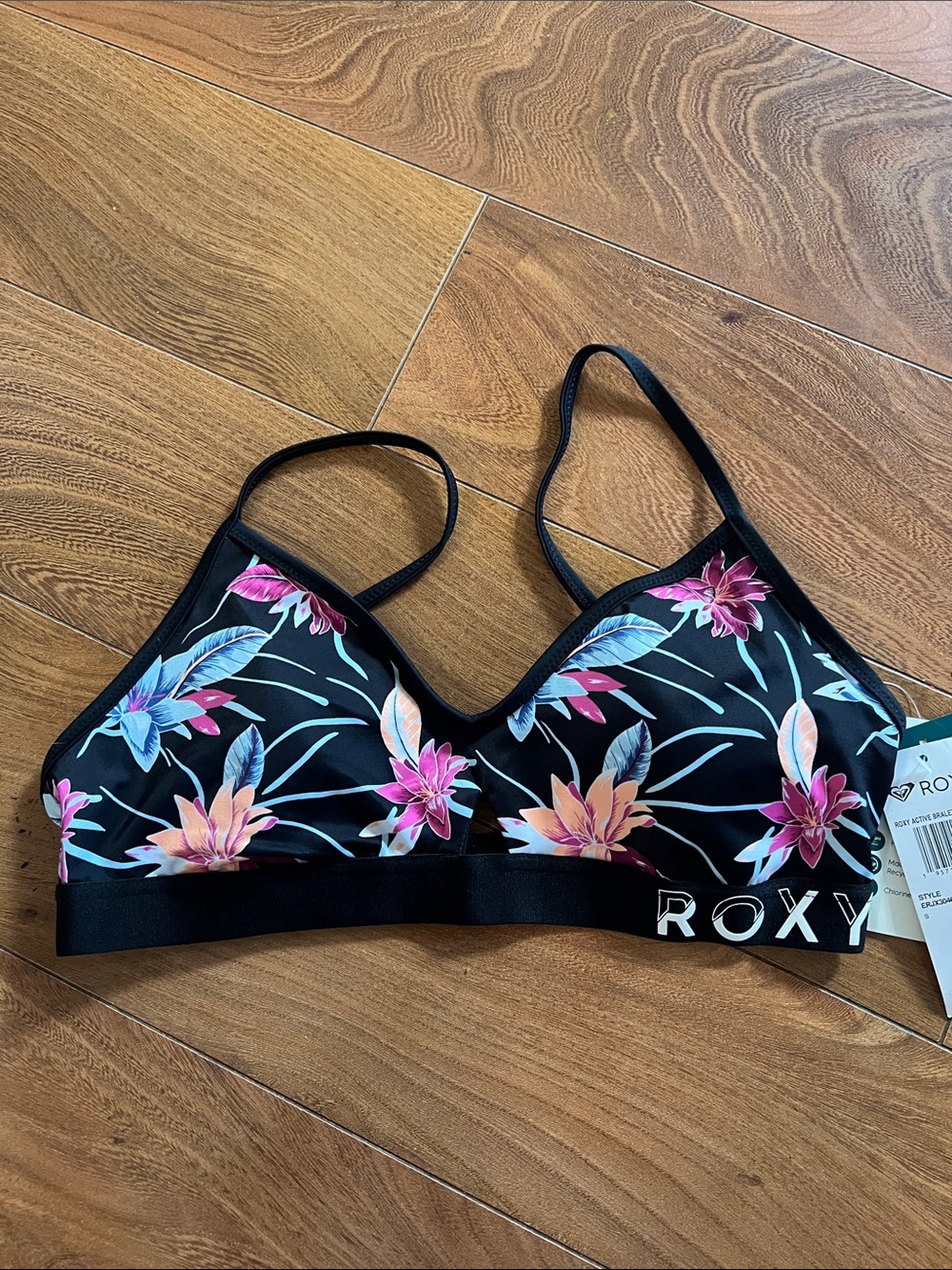 Roxy Black Floral Sports Bralette with Pink and Peach Flowers